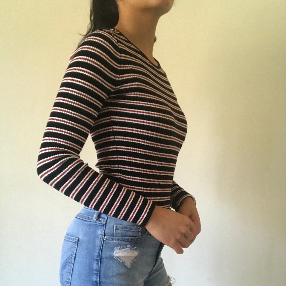 Black, White, Red Striped Long Sleeve